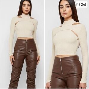 Maniere De Voir Cream Cutout Ribbed Long Sleeve Crop Top